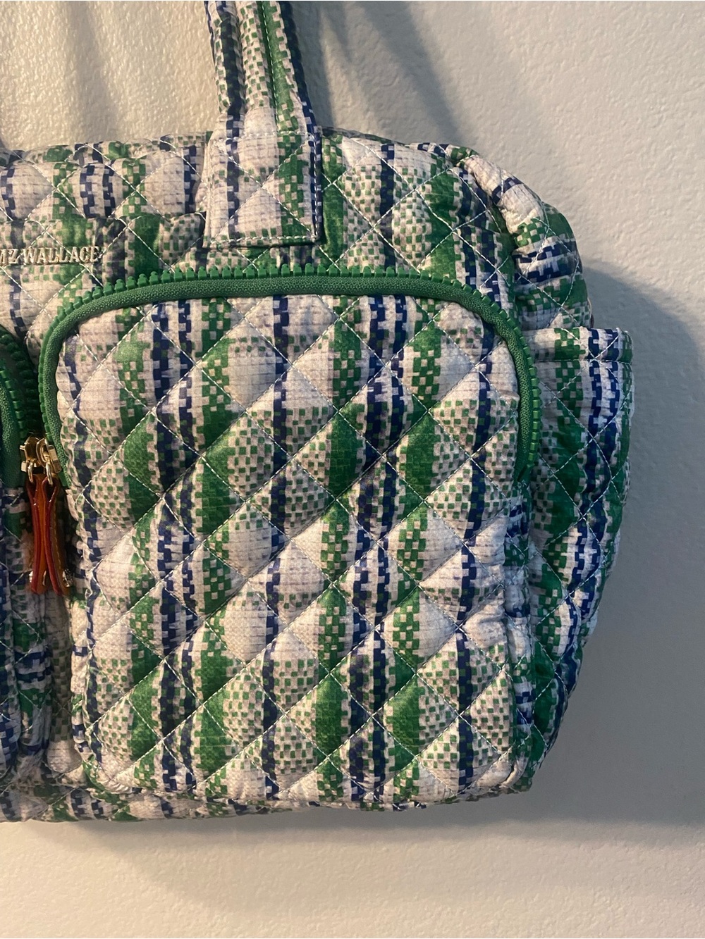 MZ Wallace Spring Plaid Gren Blue Quilted Nik Duffel Travel Bag - Picture 4 of 14